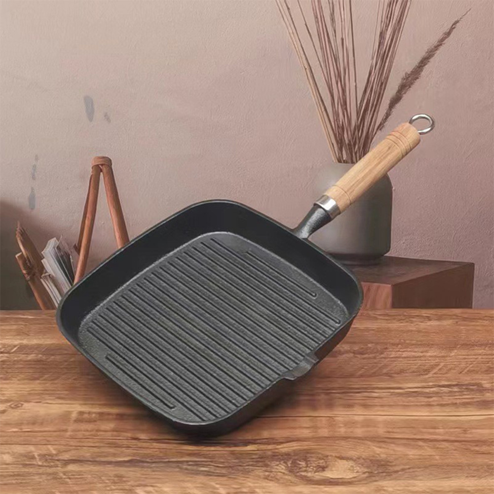 Skillet Cast Iron Camp - Iron Skillet Frying Pan with Wooden