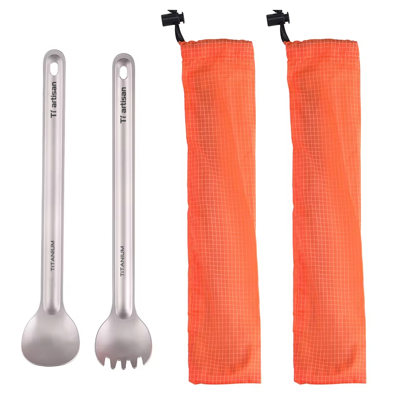 Camping Cooking Cutlery Set - Tiartisan Pure Titanium Cutlery Ultralight Long